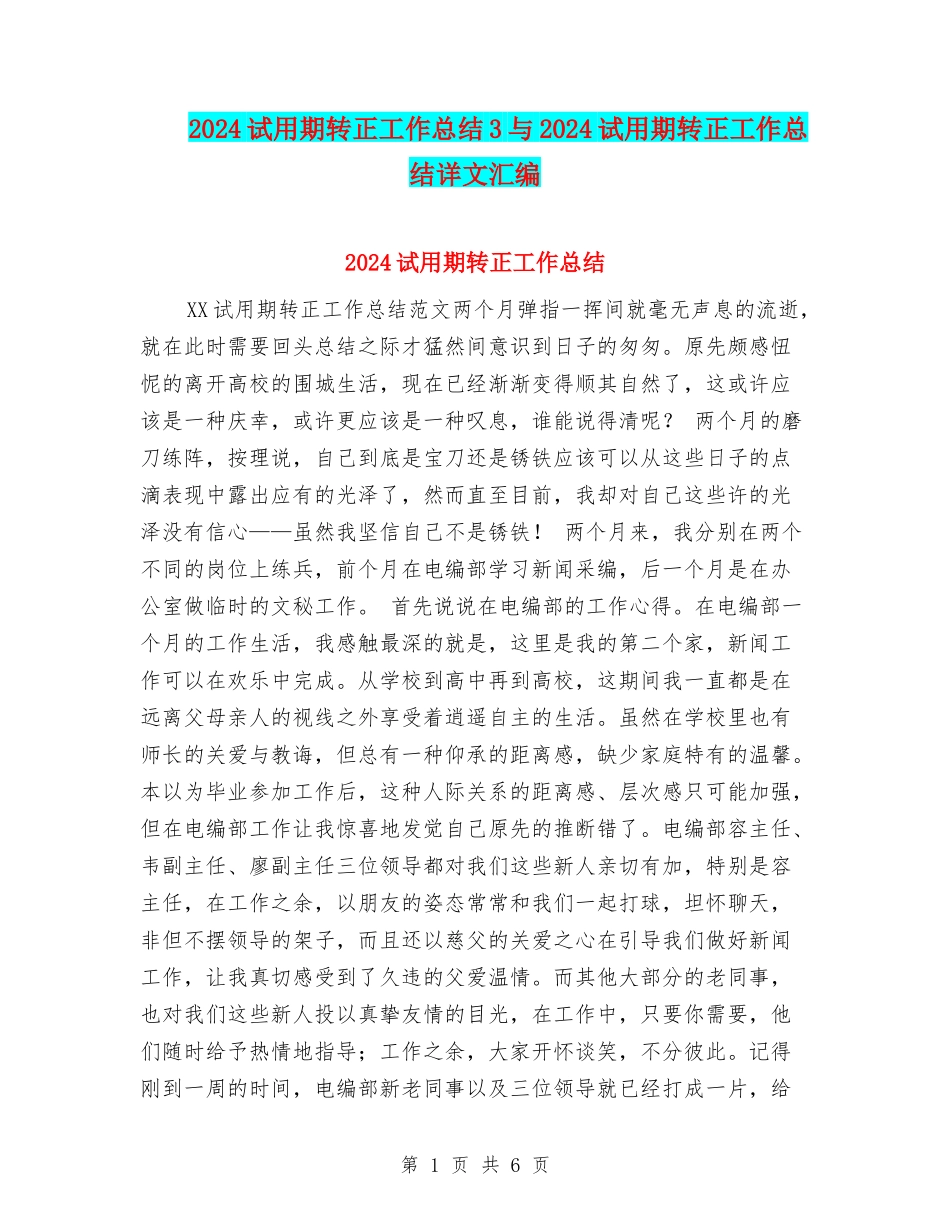 2024试用期转正工作总结3与2024试用期转正工作总结详文汇编_第1页