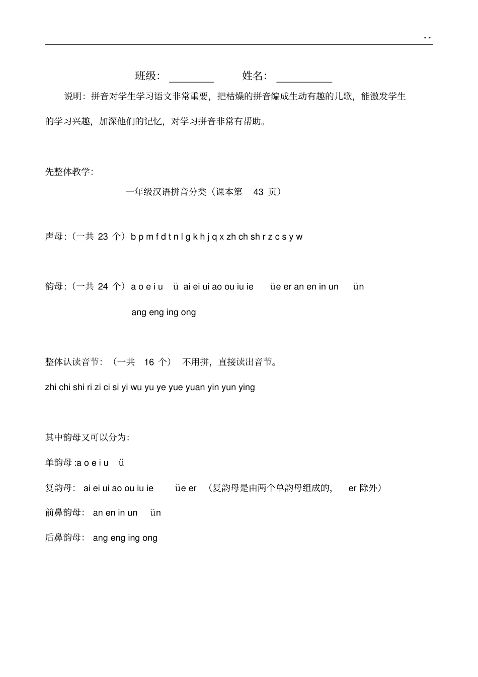 人教小学一学年拼音知识学习资料_第1页