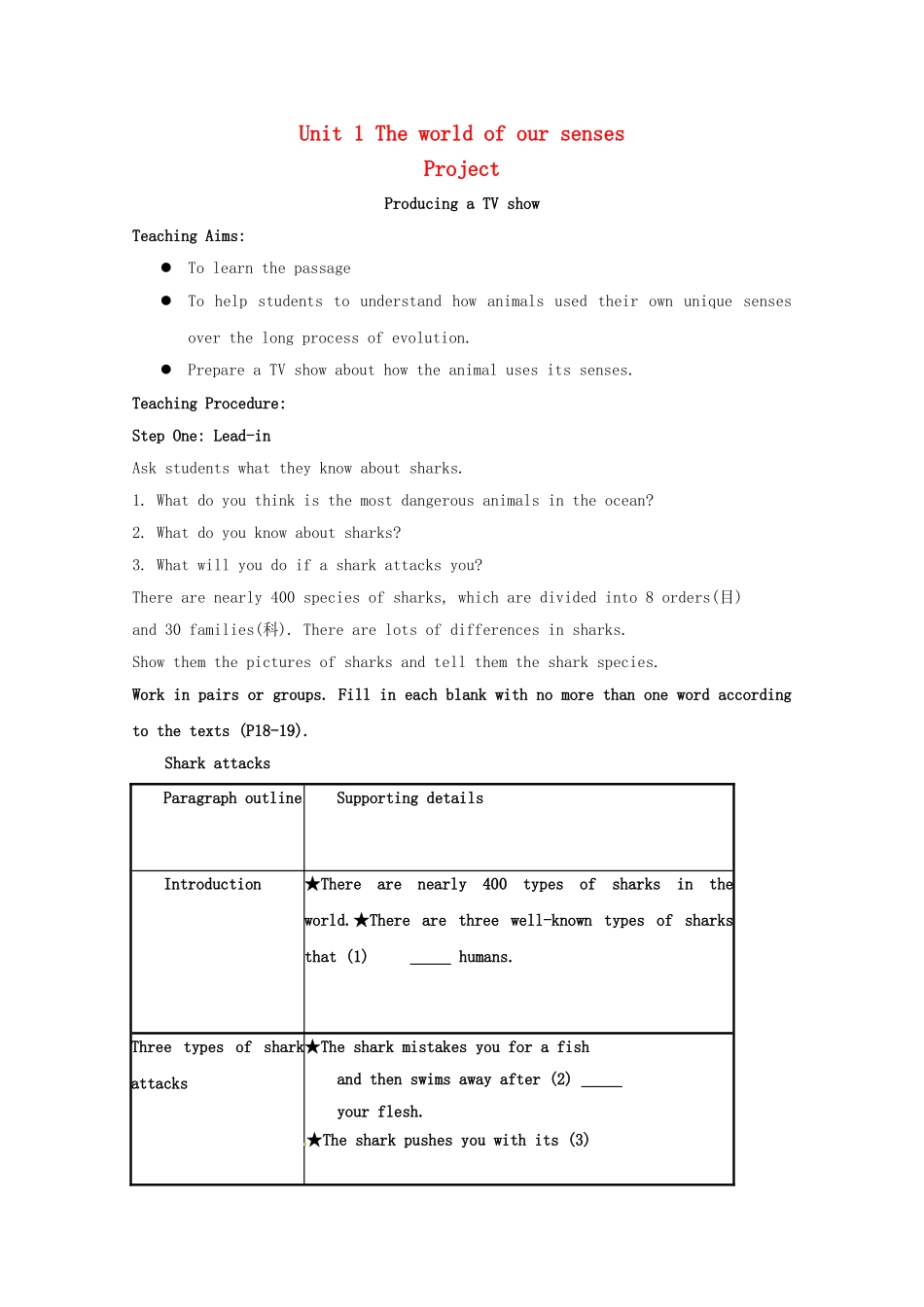 高中英语 Unit 1 The world of our senses Project教案 牛津译林版必修3-牛津版高一必修3英语教案_第1页