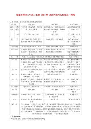 福建省莆田八中高二生物《第5章 基因突变与其他变异》教案