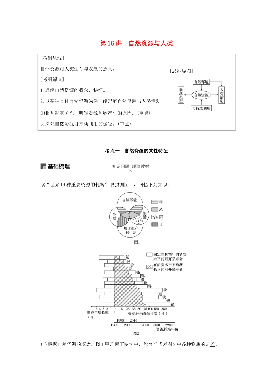 版高考地理新导学大一轮复习 第一册 第五单元 从人地关系看资源与环境 第16讲 自然资源与人类讲义（含解析）鲁教版-鲁教版高三第一册地理教案_第1页
