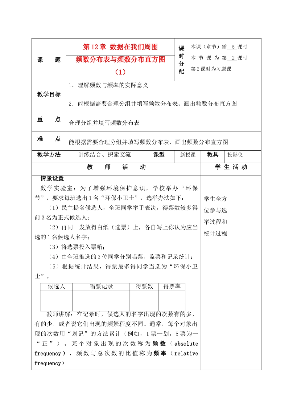 七年级数学下册 12.3频数分布表和频数分布直方图（第1课时）教案2 苏科版_第1页