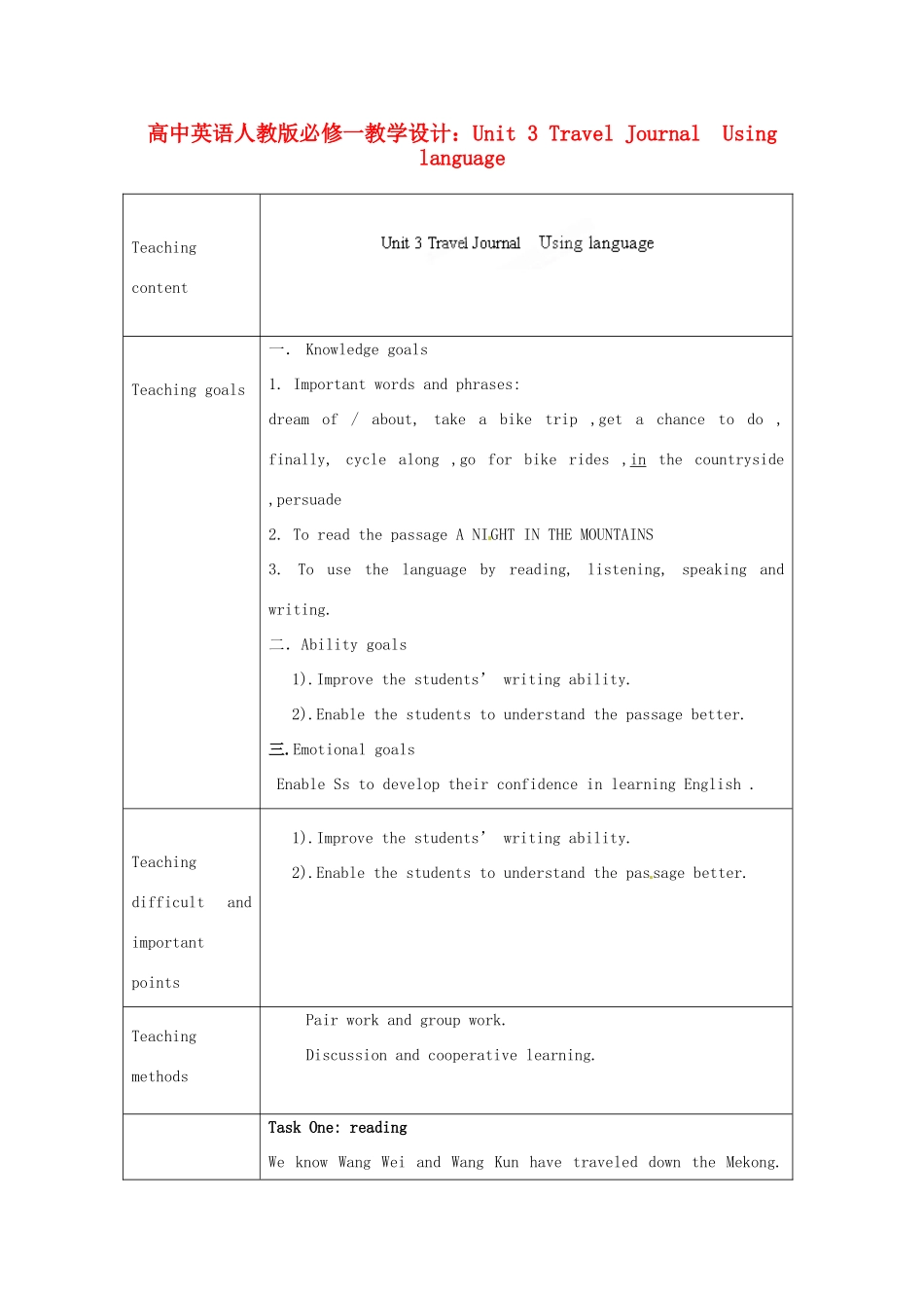 高中英语 Unit 3 Travel Journal Using language教学设计 新人教版必修1_第1页