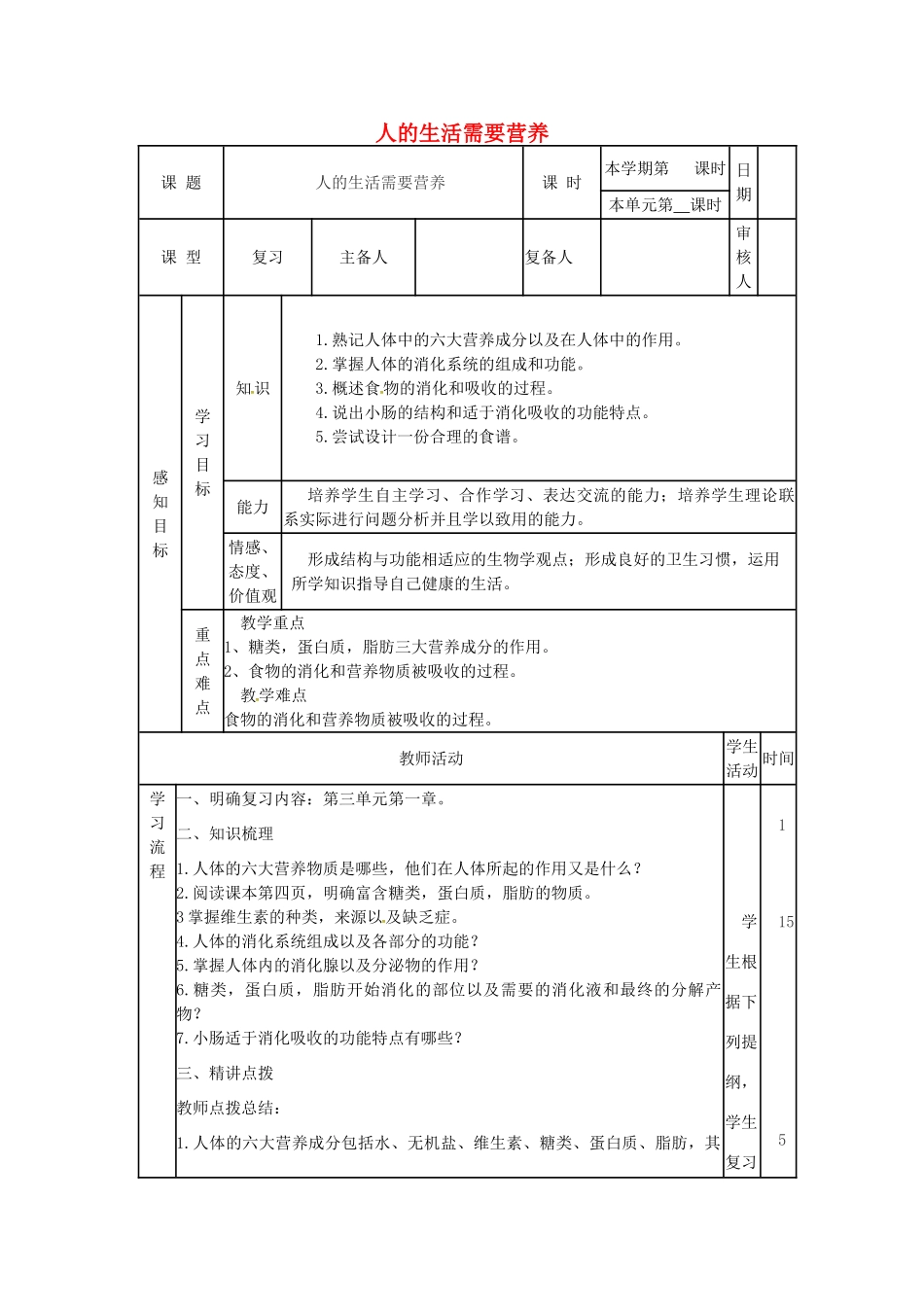 七年级生物下册 第一章 人的生活需要营养复习教案 （新版）济南版-（新版）济南版初中七年级下册生物教案_第1页