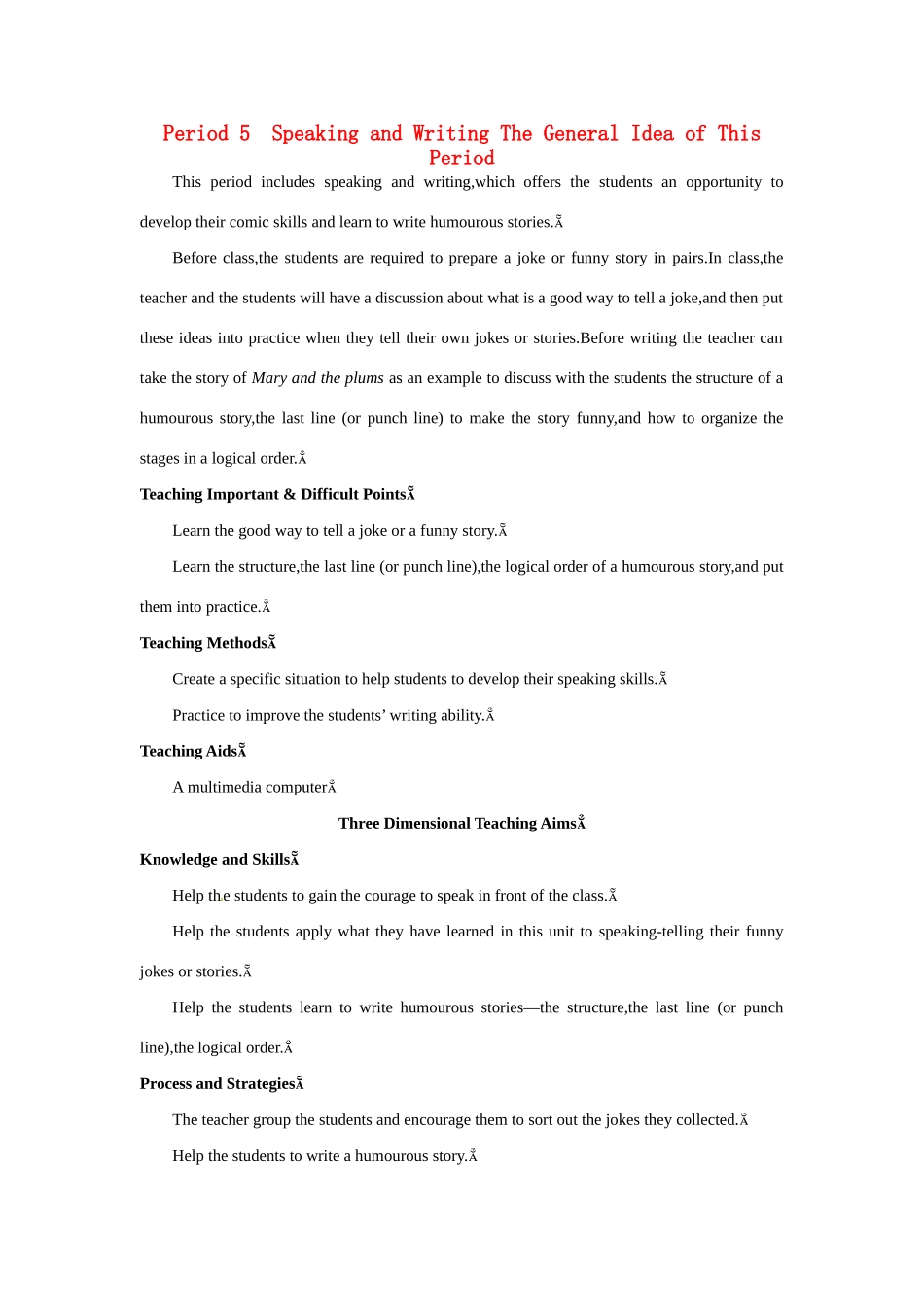 高中英语 Period 5　Speaking and Writing（Unit 3 A taste of English humour）优秀教案 新人教版必修4_第1页