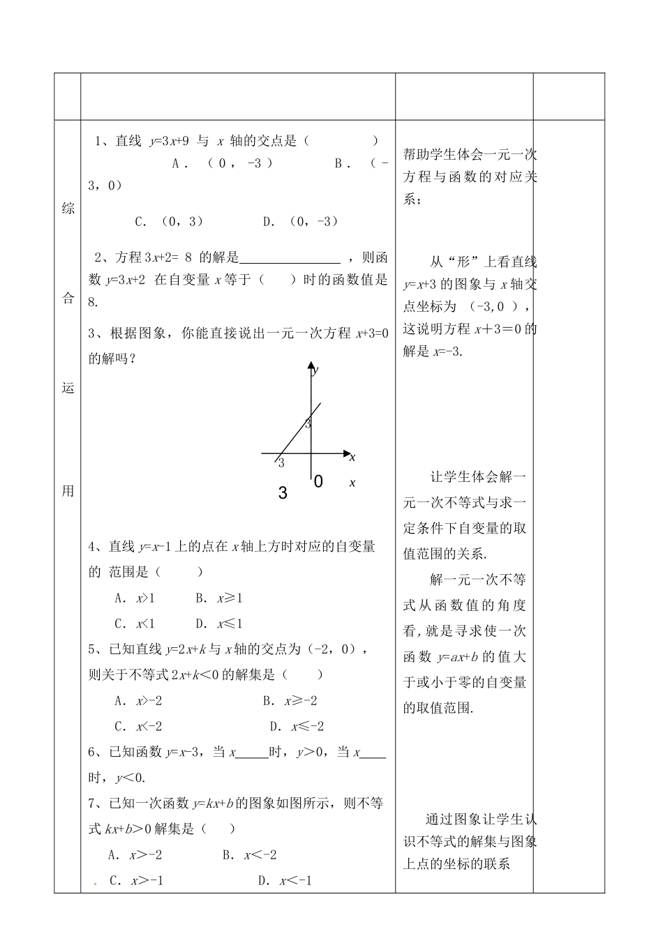 山东省郯城县红花镇中考数学专题复习 专题三（12-2）一次函数与一元一次方程及不等式教案-人教版初中九年级全册数学教案_第3页