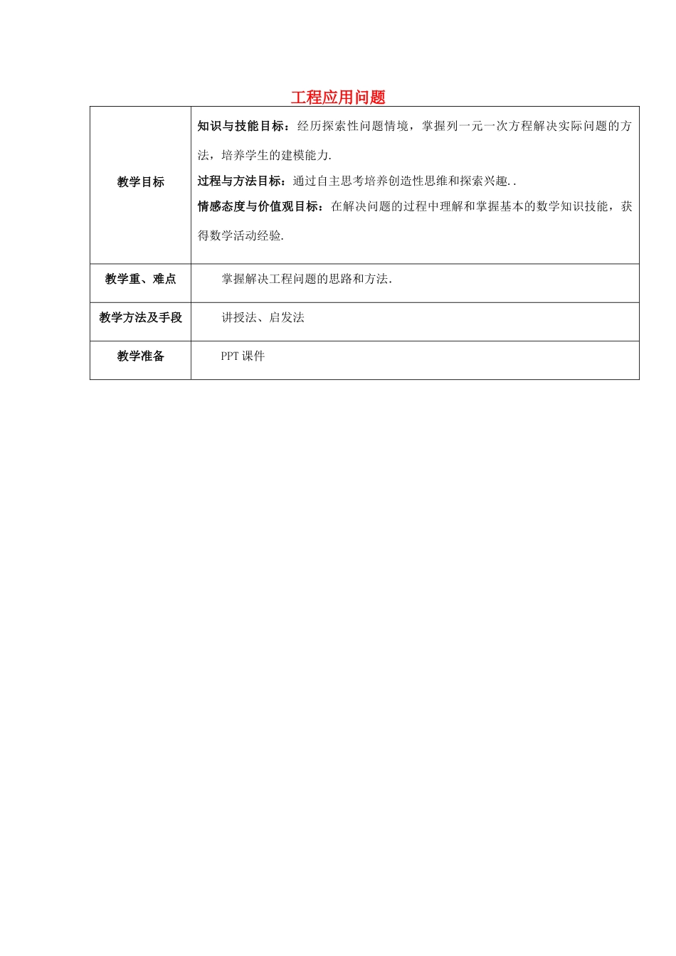 七年级数学下册 第6章 一元一次方程 6.3 实践与探索 工程类应用问题教案2（新版）华东师大版-（新版）华东师大版初中七年级下册数学教案_第1页