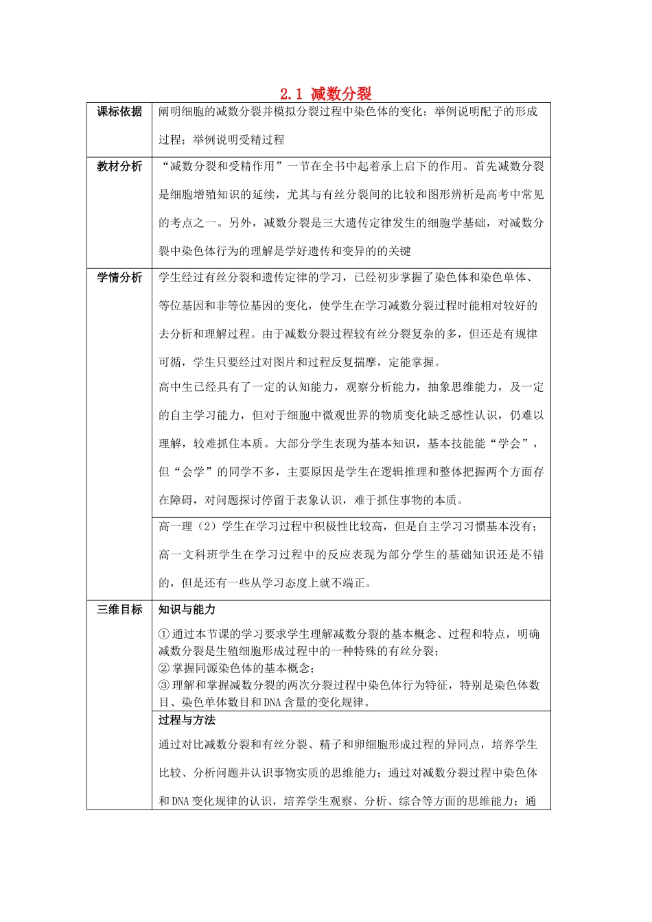 高中生物 第二章 减数分裂和有性生殖 2.1 减数分裂教案 苏教版必修2-苏教版高中必修2生物教案_第1页