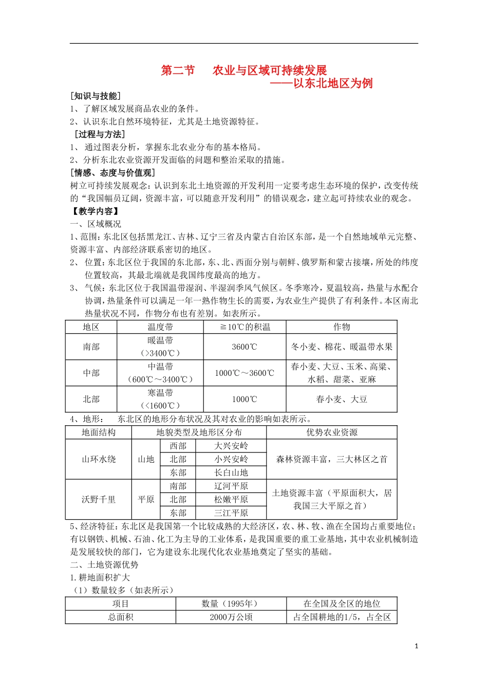 高中地理 4.2《农业与区域可持续发展—以东北地区为例》教案 鲁教版必修3_第1页