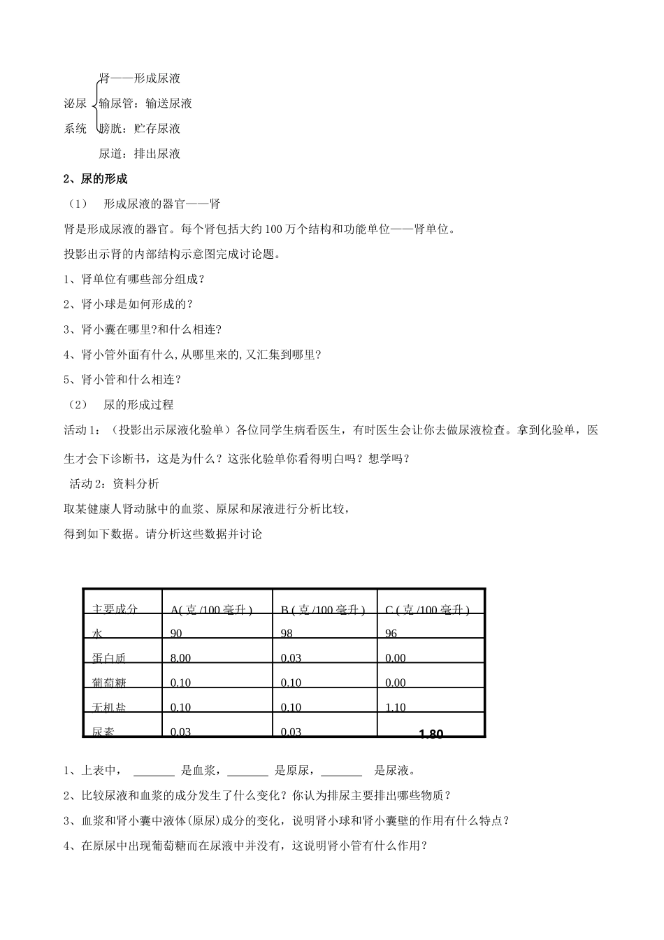 七年级生物下册 4.1《尿的形成和排出》教学设计1 济南版_第3页