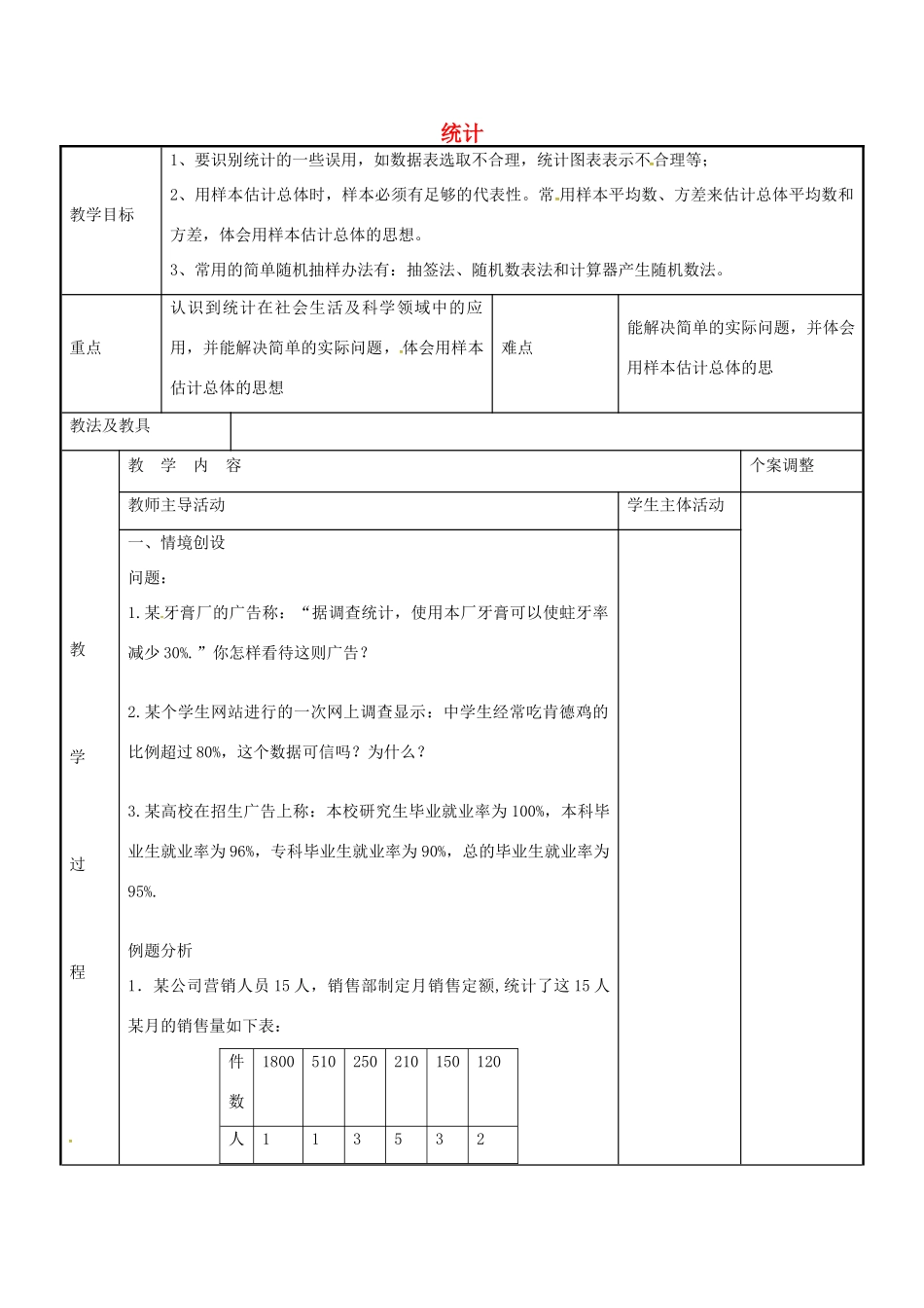 九年级数学下册 第8章 统计和概率的简单应用小结与思考教案 （新版）苏科版-（新版）苏科版初中九年级下册数学教案_第1页