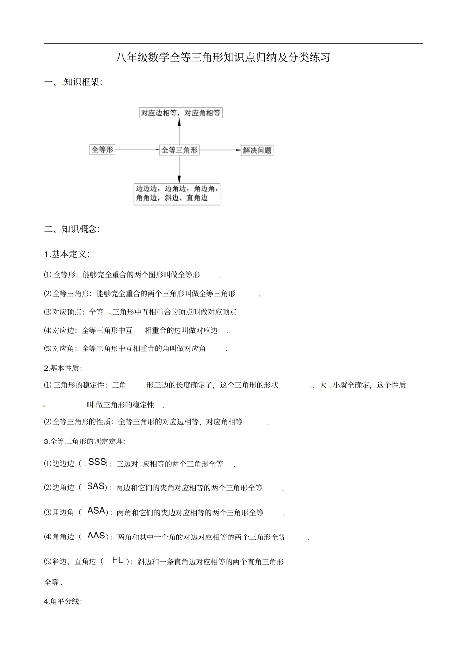 八年级数学全等三角形知识点归纳及分类练习_第1页