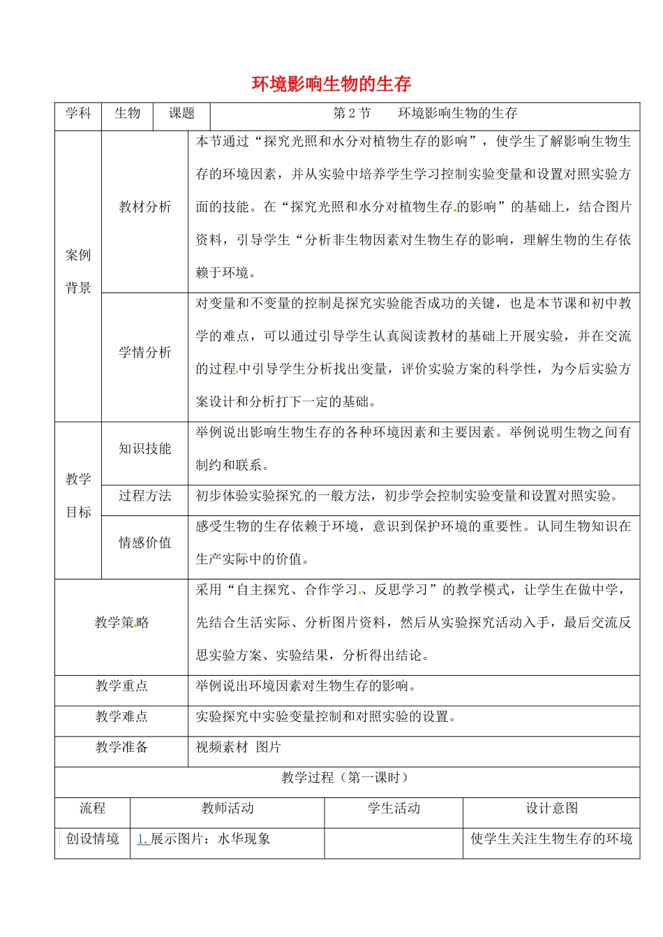 七年级生物上册 1.2 环境影响生物的生存教案 苏科版-苏科版初中七年级上册生物教案_第1页