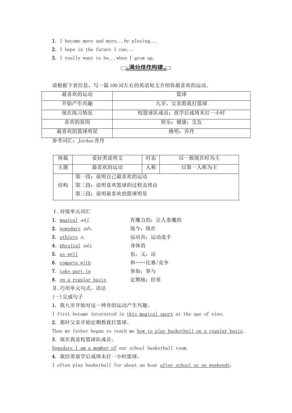 高中英语 Unit 2 The Olympic Games Section Ⅴ Writing——如何描写最喜欢的运动讲义 新人教版必修2-新人教版高一必修2英语教案_第2页