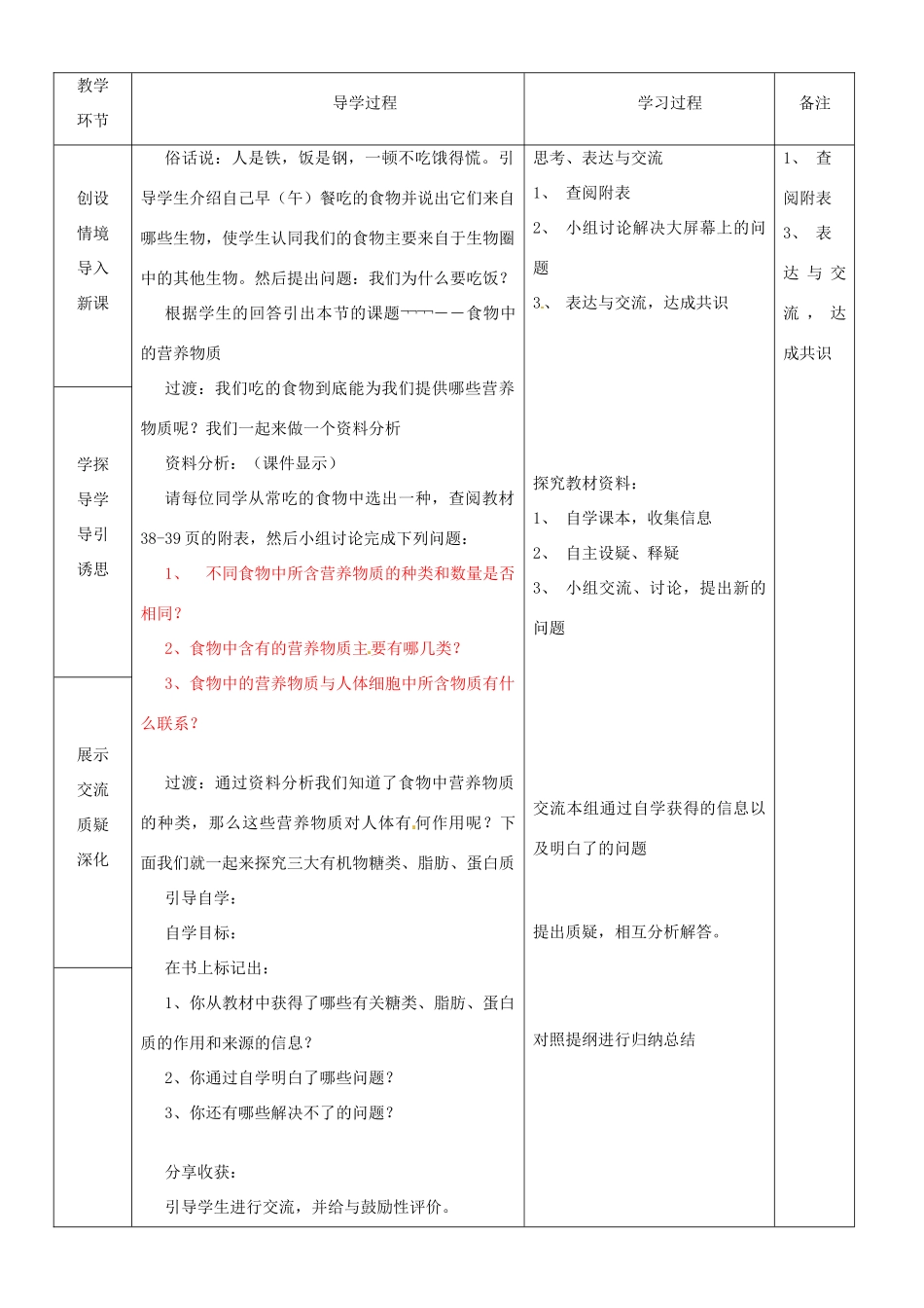山东省临沂市蒙阴县第四中学七年级生物下册 4.2.1 食物中的营养物质教案1 （新版）新人教版_第2页