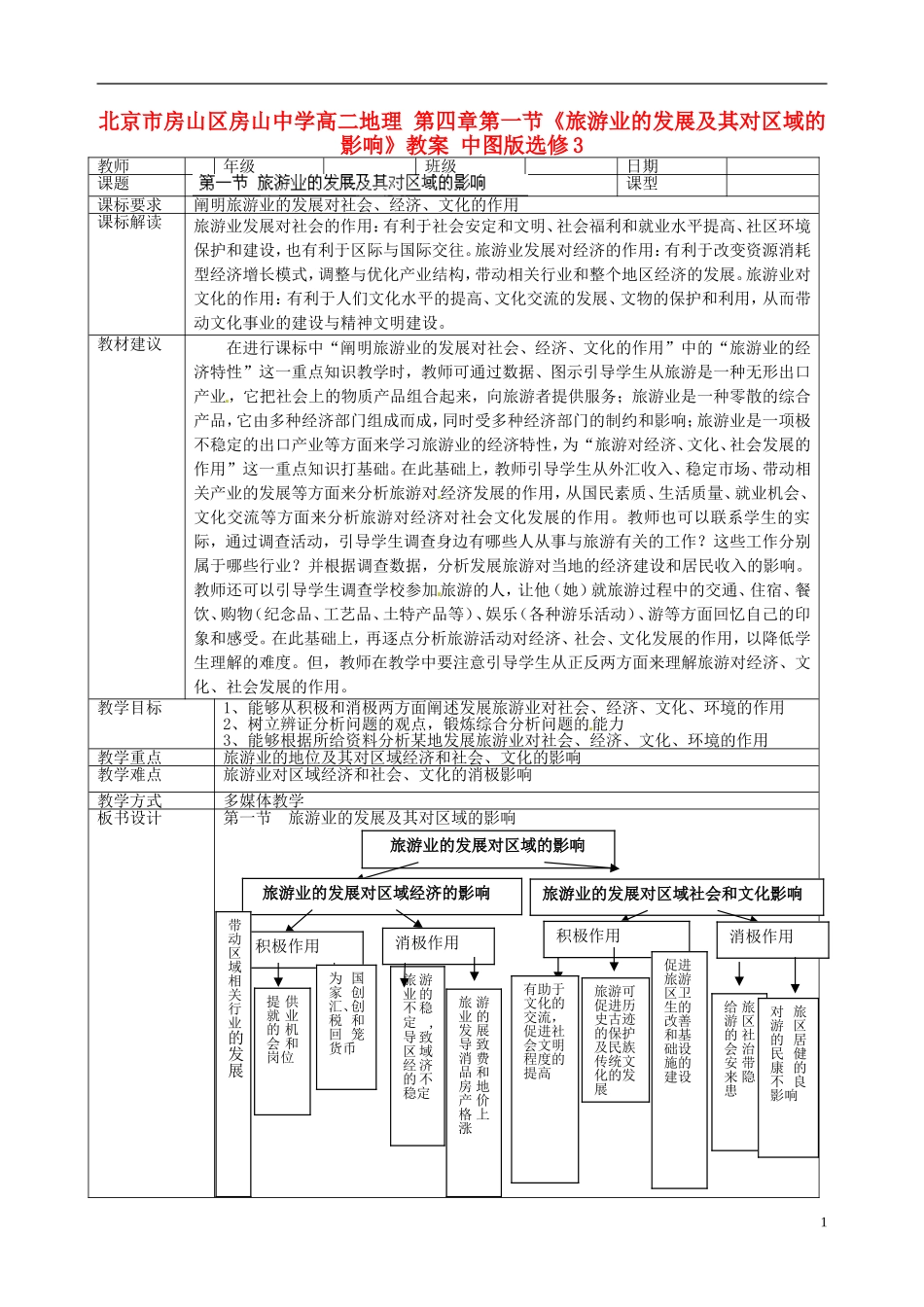 北京市房山区房山中学高中地理 第四章第一节《旅游业的发展及其对区域的影响》教案 中图版选修3_第1页