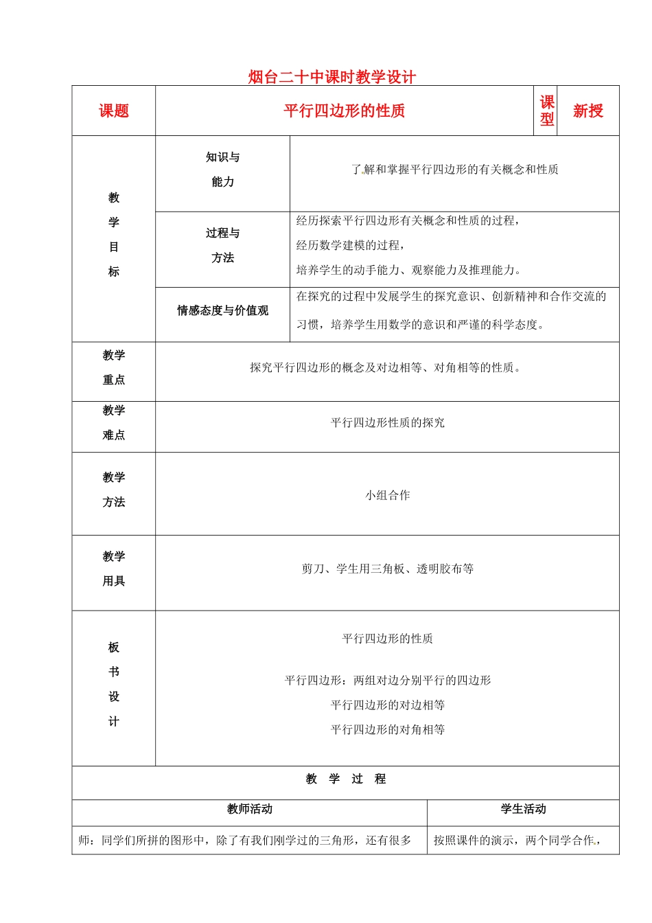 山东省烟台20中八年级数学《平行四边形的性质》教案_第1页