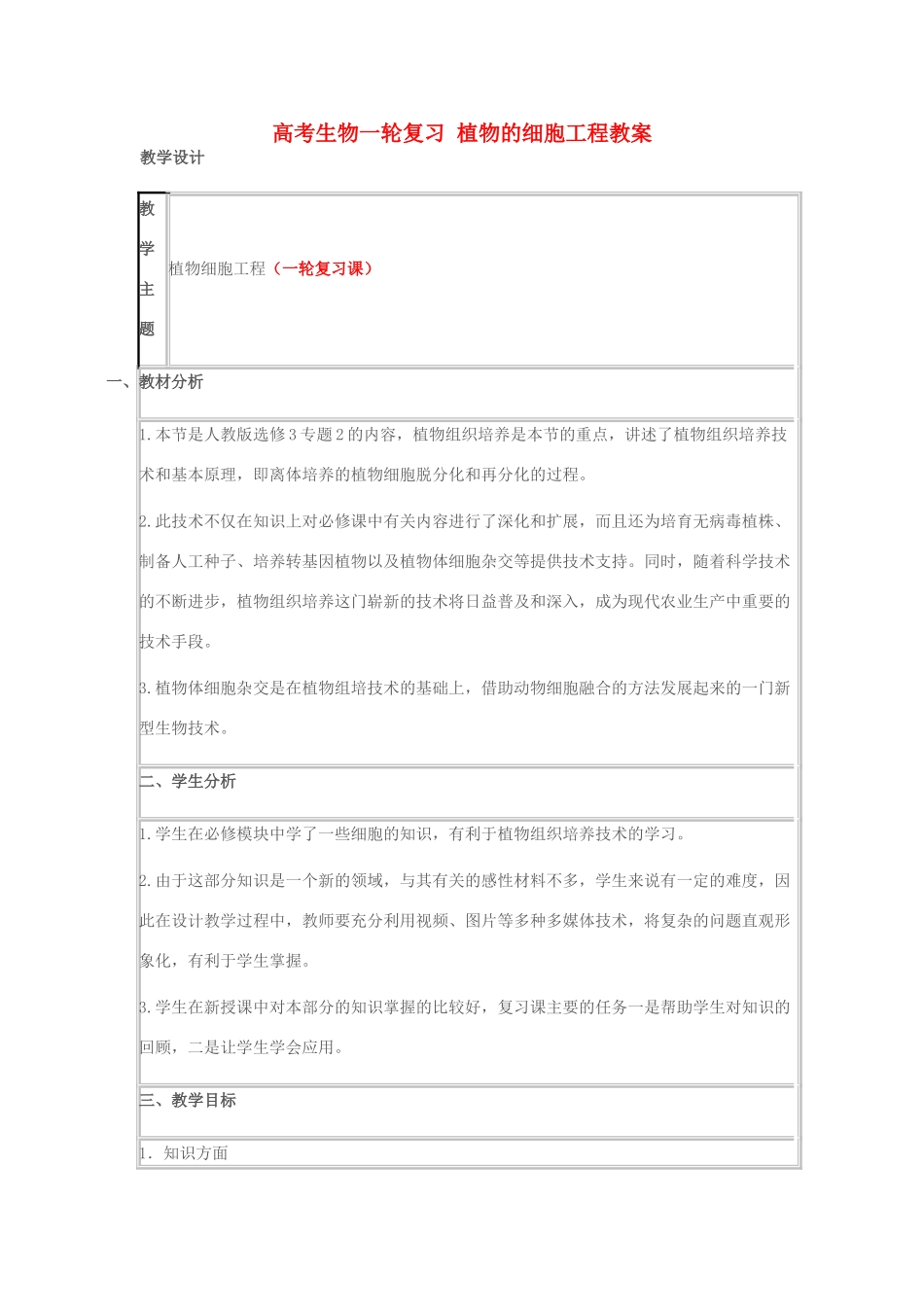 高考生物一轮复习 植物的细胞工程教案-人教版高三全册生物教案_第1页