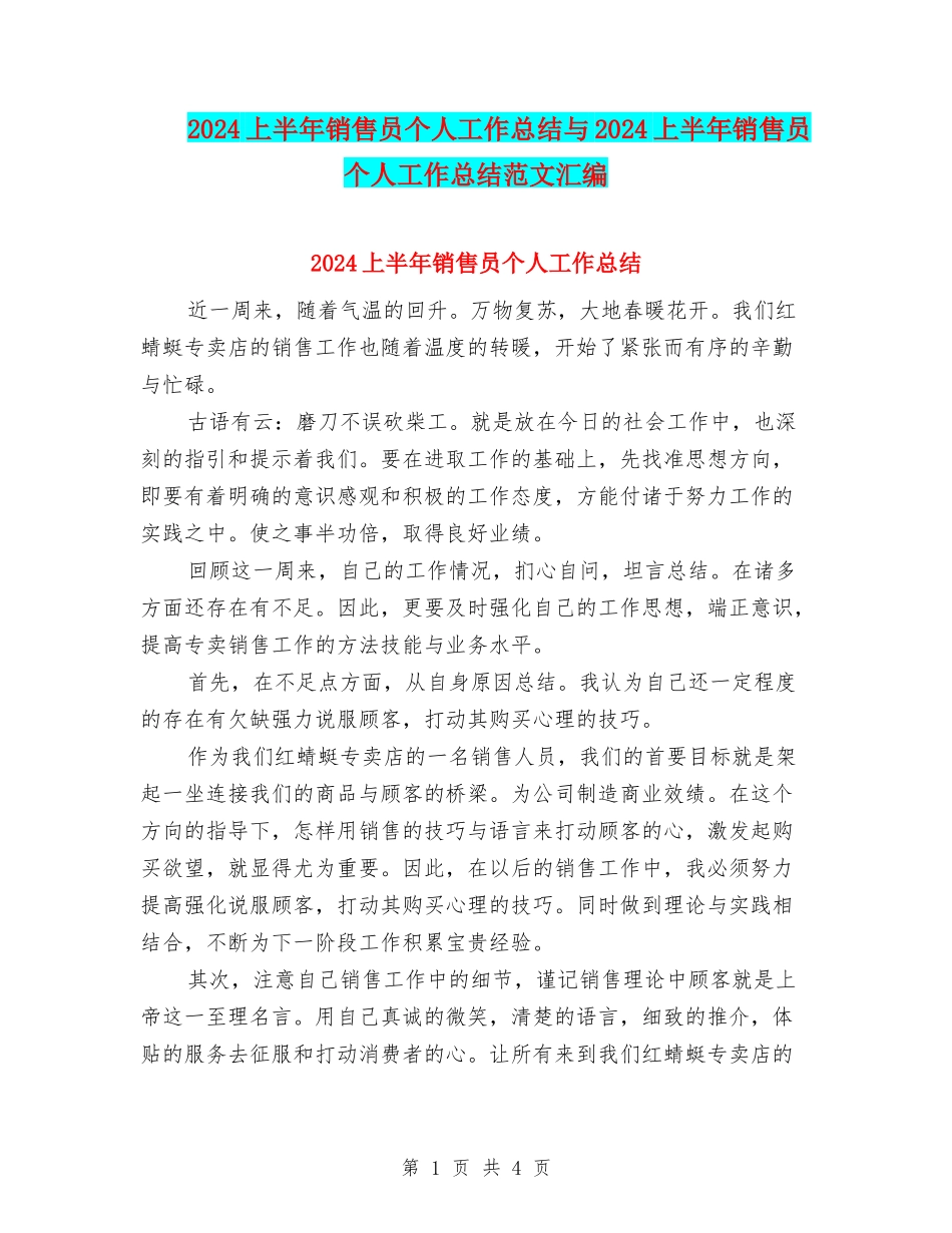 2024上半年销售员个人工作总结与2024上半年销售员个人工作总结范文汇编_第1页