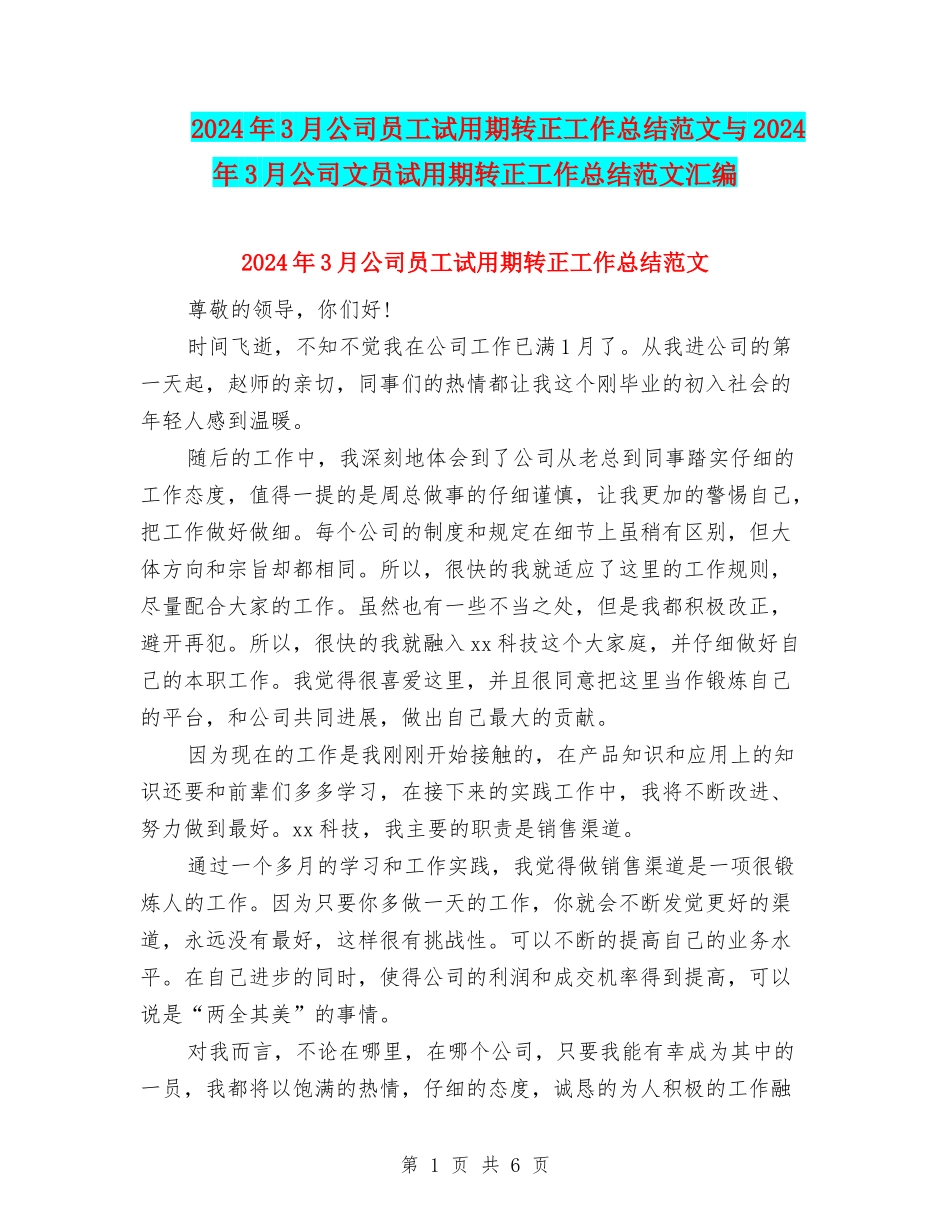 2024年3月公司员工试用期转正工作总结范文与2024年3月公司文员试用期转正工作总结范文汇编_第1页