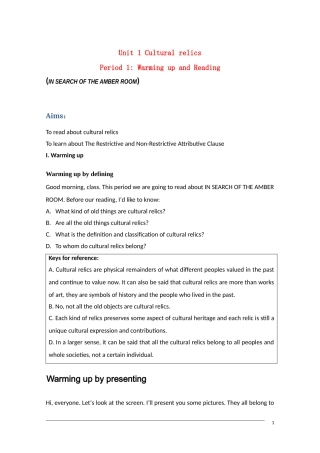 高中英语 unit1《cultural relics—Warming up and Reading》教案 新人教版必修2