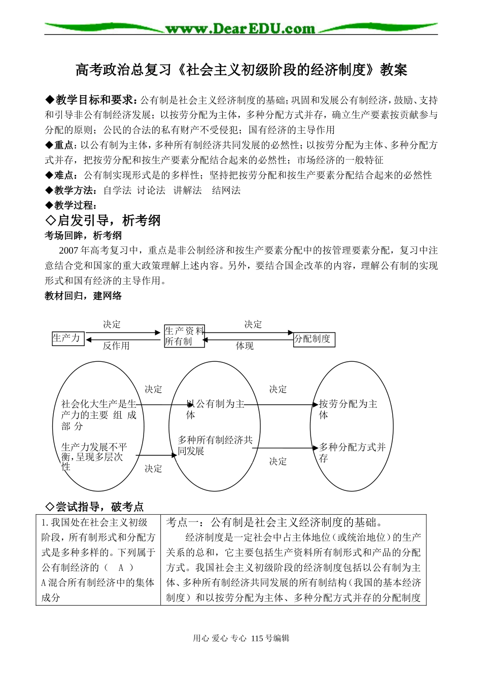 高考政治总复习《社会主义初级阶段的经济制度》教案_第1页