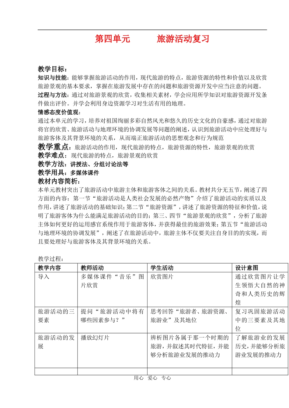 高中地理 第四单元《旅游活动》复习教案 旧人教版选修1_第1页