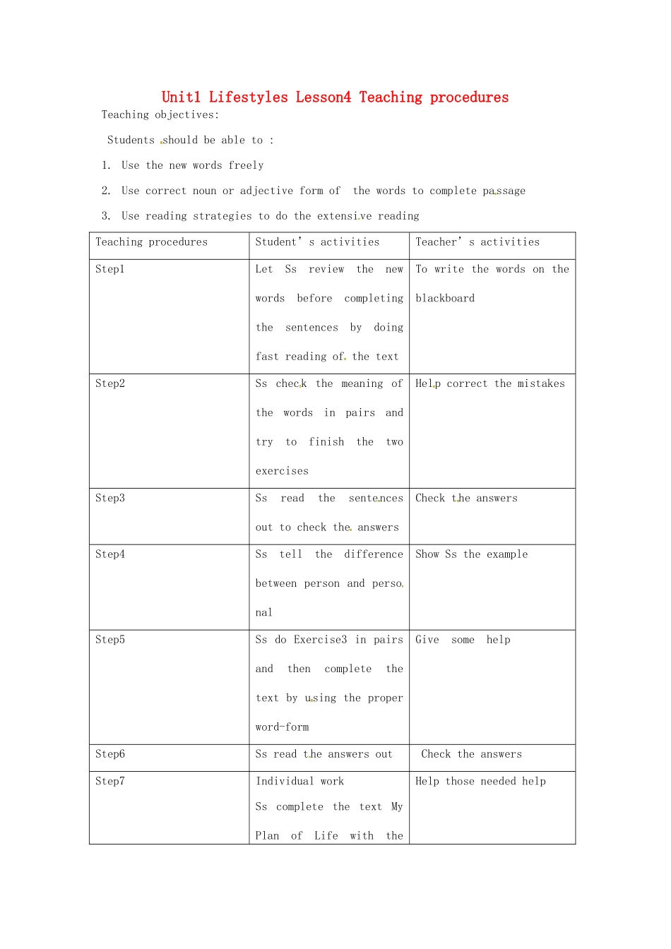 高中英语 Unit1 Lifestyles Lesson4 Teaching procedures教案 北师大版必修1-北师大版高一必修1英语教案_第1页
