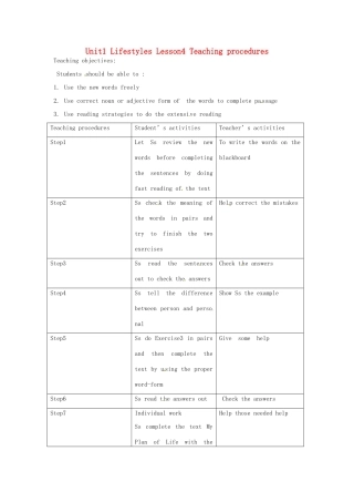 高中英语 Unit1 Lifestyles Lesson4 Teaching procedures教案 北师大版必修1-北师大版高一必修1英语教案