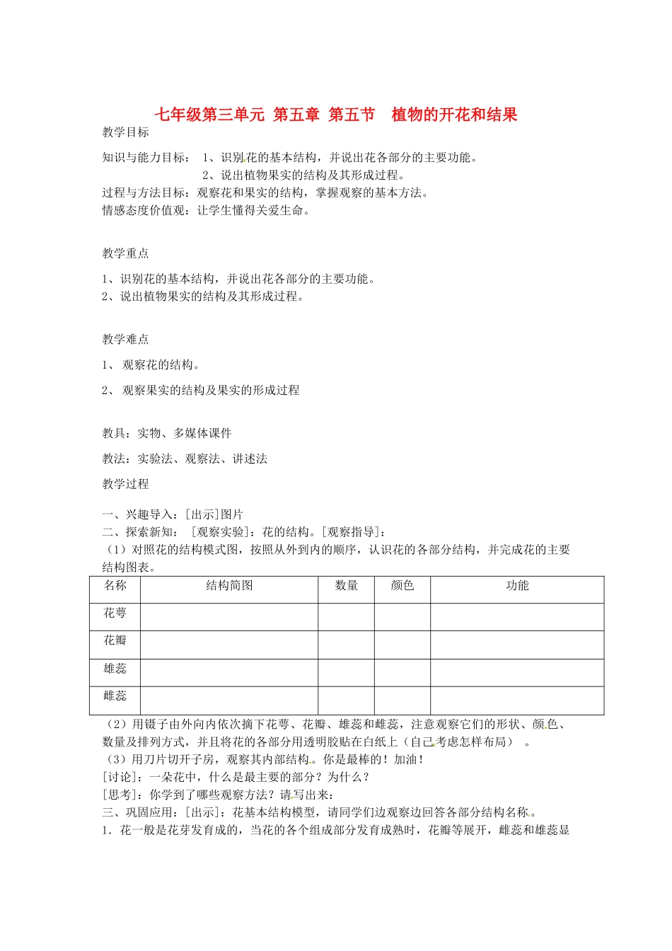 七年级生物上册 5.5 植物的开花和结果教案 苏教版_第1页