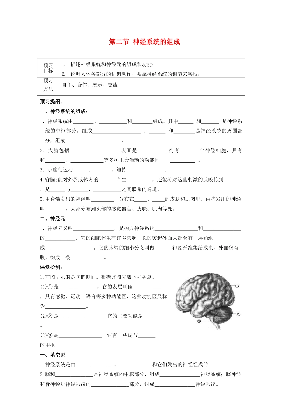 山东省泰安新泰市七年级生物下册 6.2 神经系统的组成学案（无答案） 新人教版_第1页