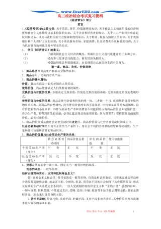 高三政治综合考试复习提纲