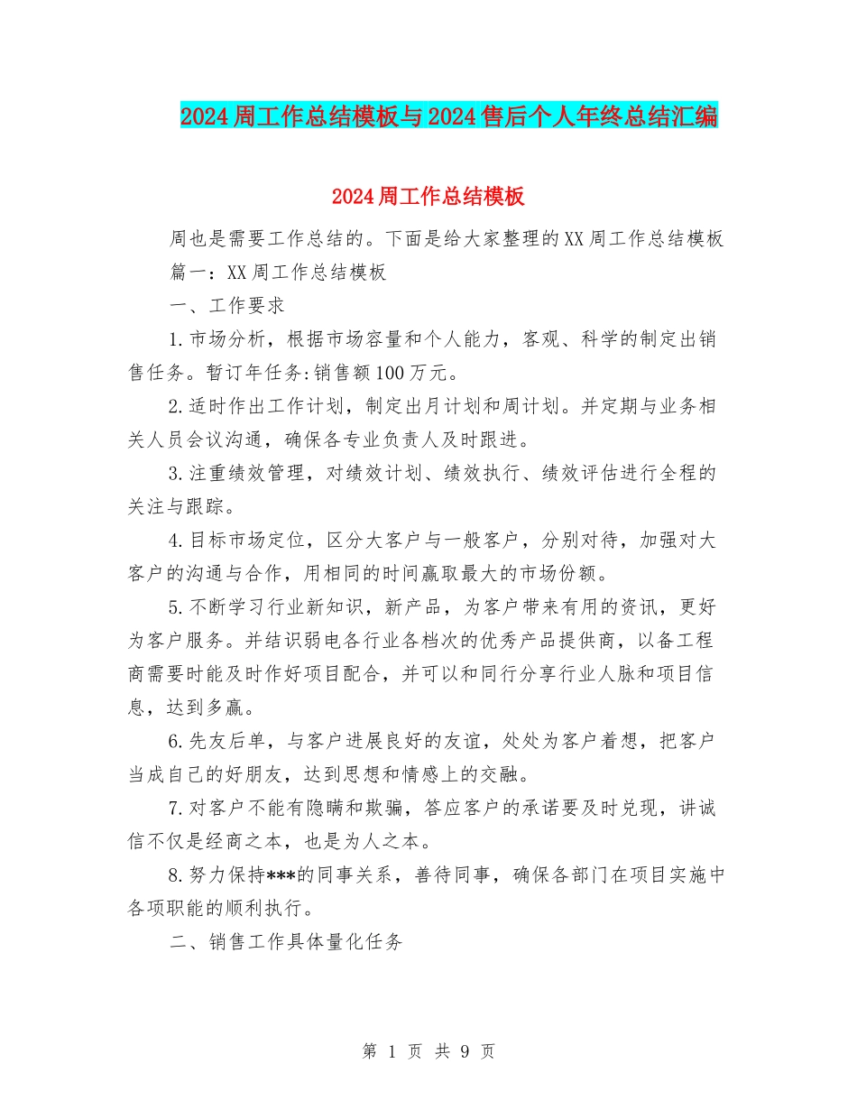 2024周工作总结模板与2024售后个人年终总结汇编_第1页