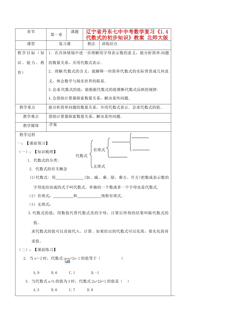 辽宁省丹东七中中考数学复习《1.4代数式的初步知识》教案 北师大版_第1页