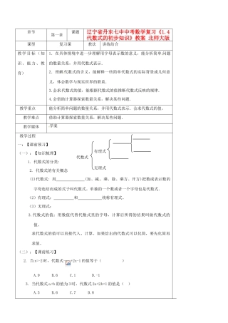 辽宁省丹东七中中考数学复习《1.4代数式的初步知识》教案 北师大版