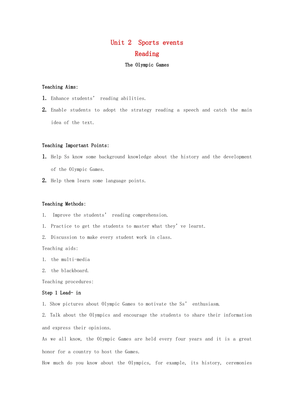 高中英语 Unit 2 Sporting events Reading教案 牛津译林版必修4-牛津版高一必修4英语教案_第1页