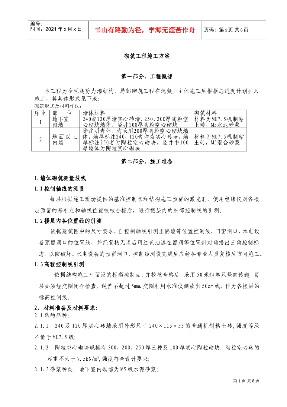 二次结构－砌筑工程施工方案-8wr(DOC10页)_第1页