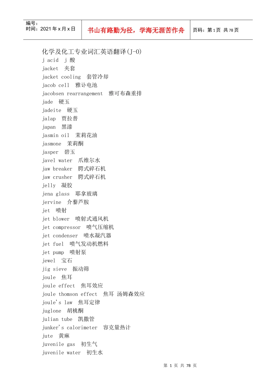 化学及化工专业词汇英语翻译(J-O)_第1页