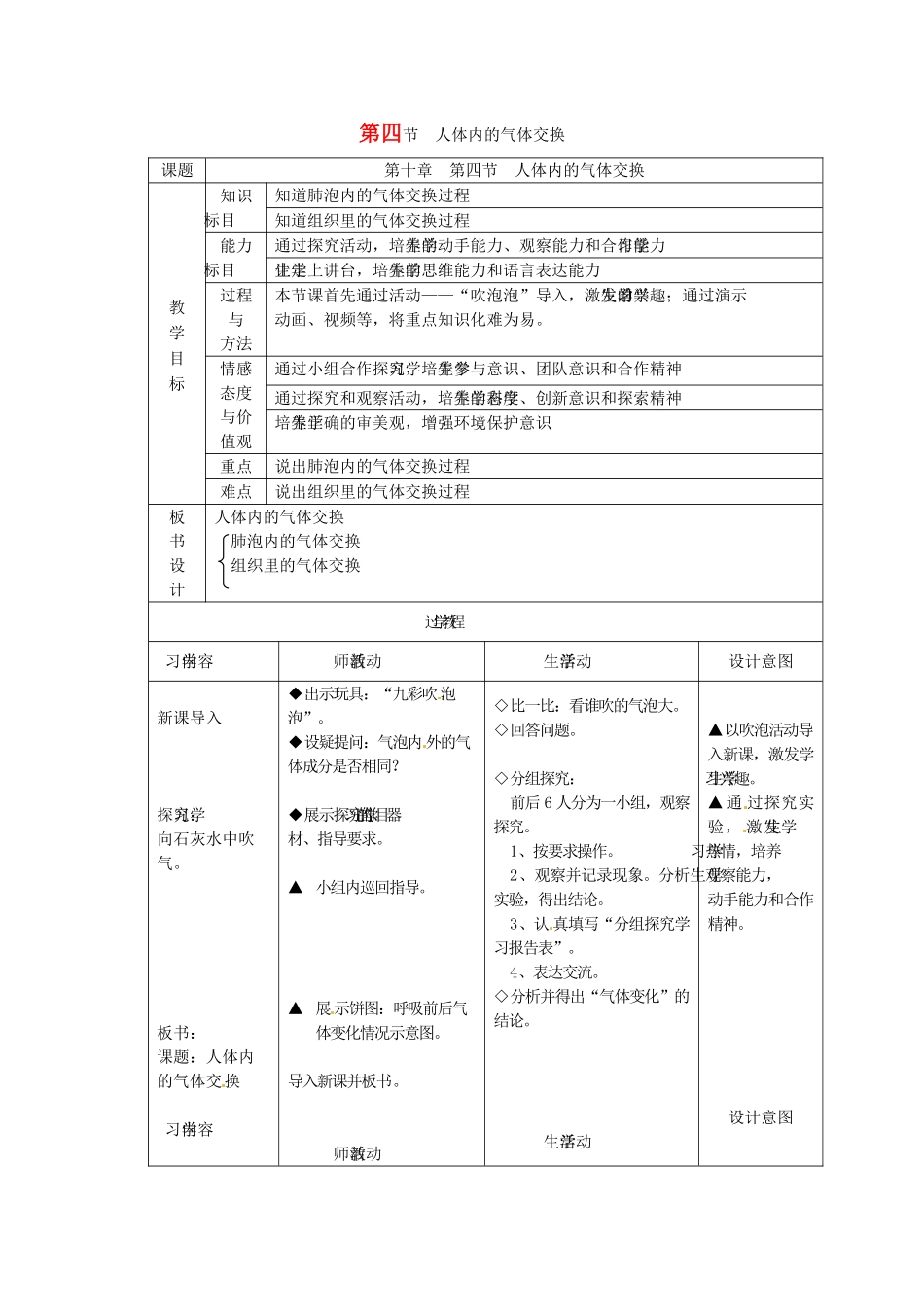 七年级生物下册 第4单元 生物圈中的人 第四节 人体内的气体交换名师教案1 苏教版_第1页