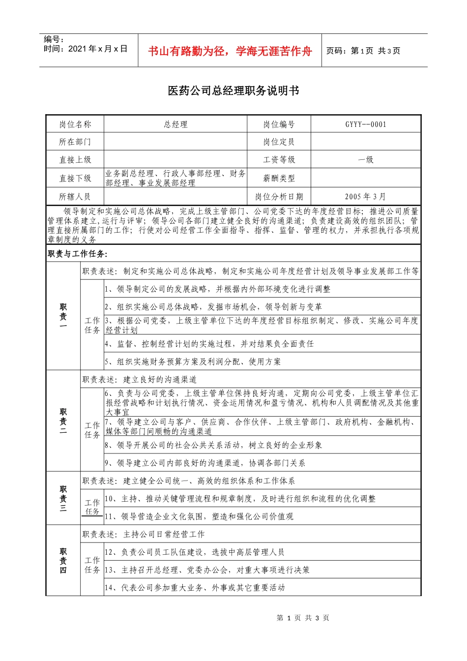 医药公司总经理职务说明书_第1页