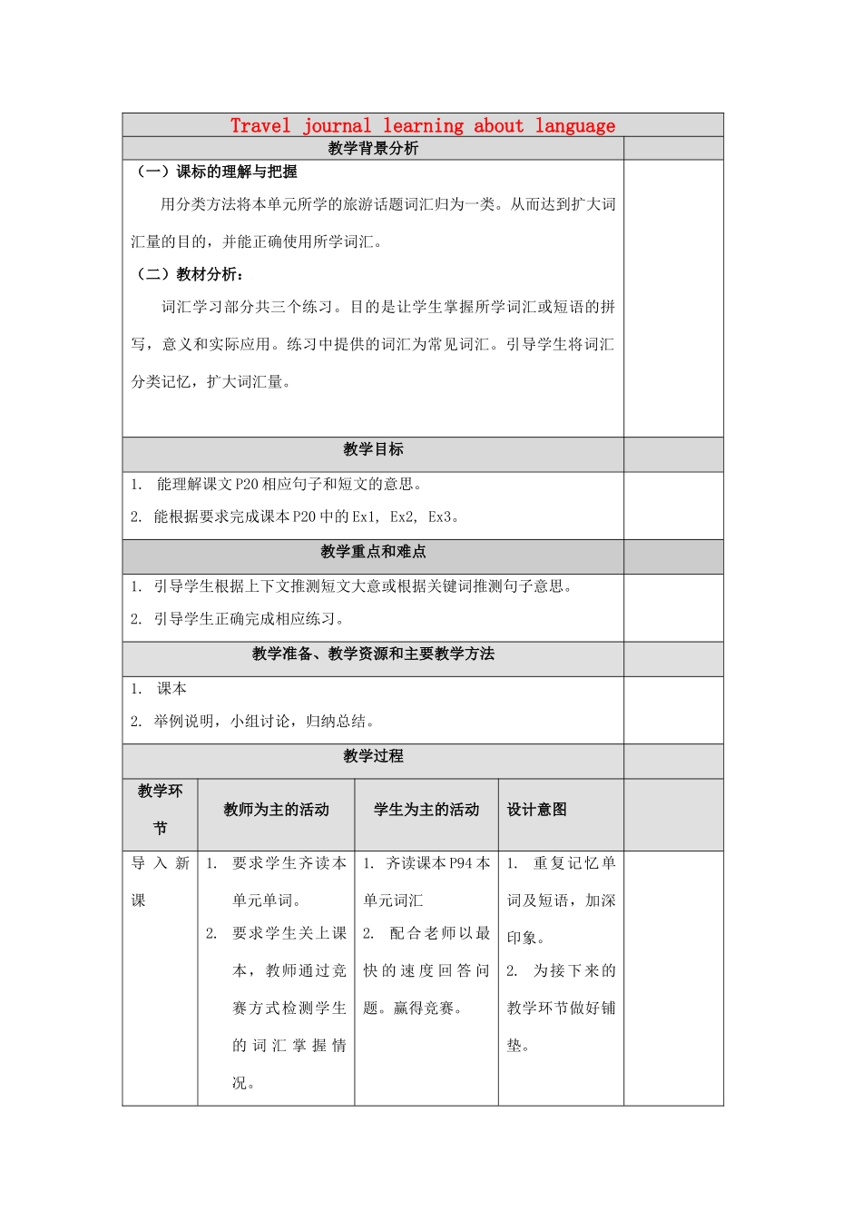 高中英语 Unit3 Travel journal learning about language教案 新人教版必修1-新人教版高一必修1英语教案_第1页