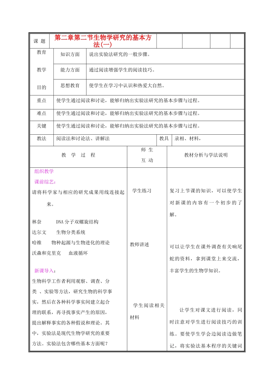 七年级生物上册《生物学研究的基本方法》教案1 北师大版_第1页