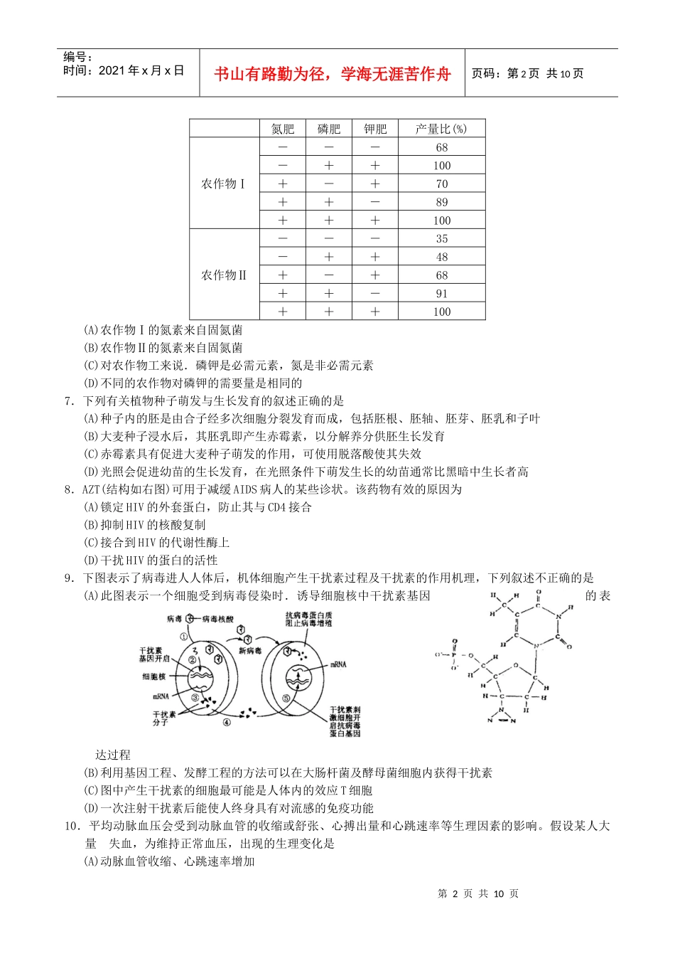 全国第七届高中生物学联赛(预赛)_第2页