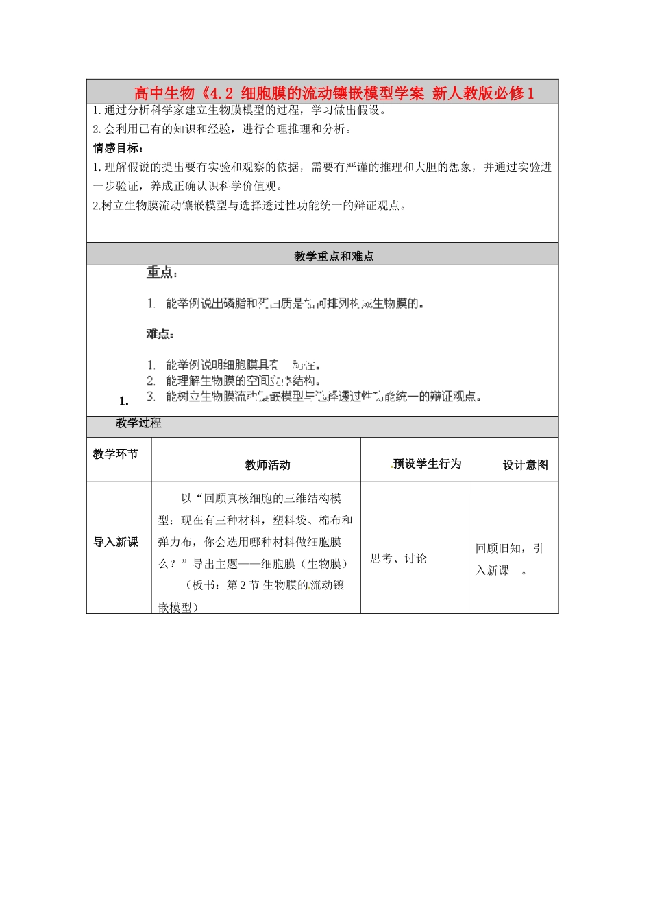 高中生物《4.2 生物膜的流动镶嵌模型》教案 新人教版必修1_第3页