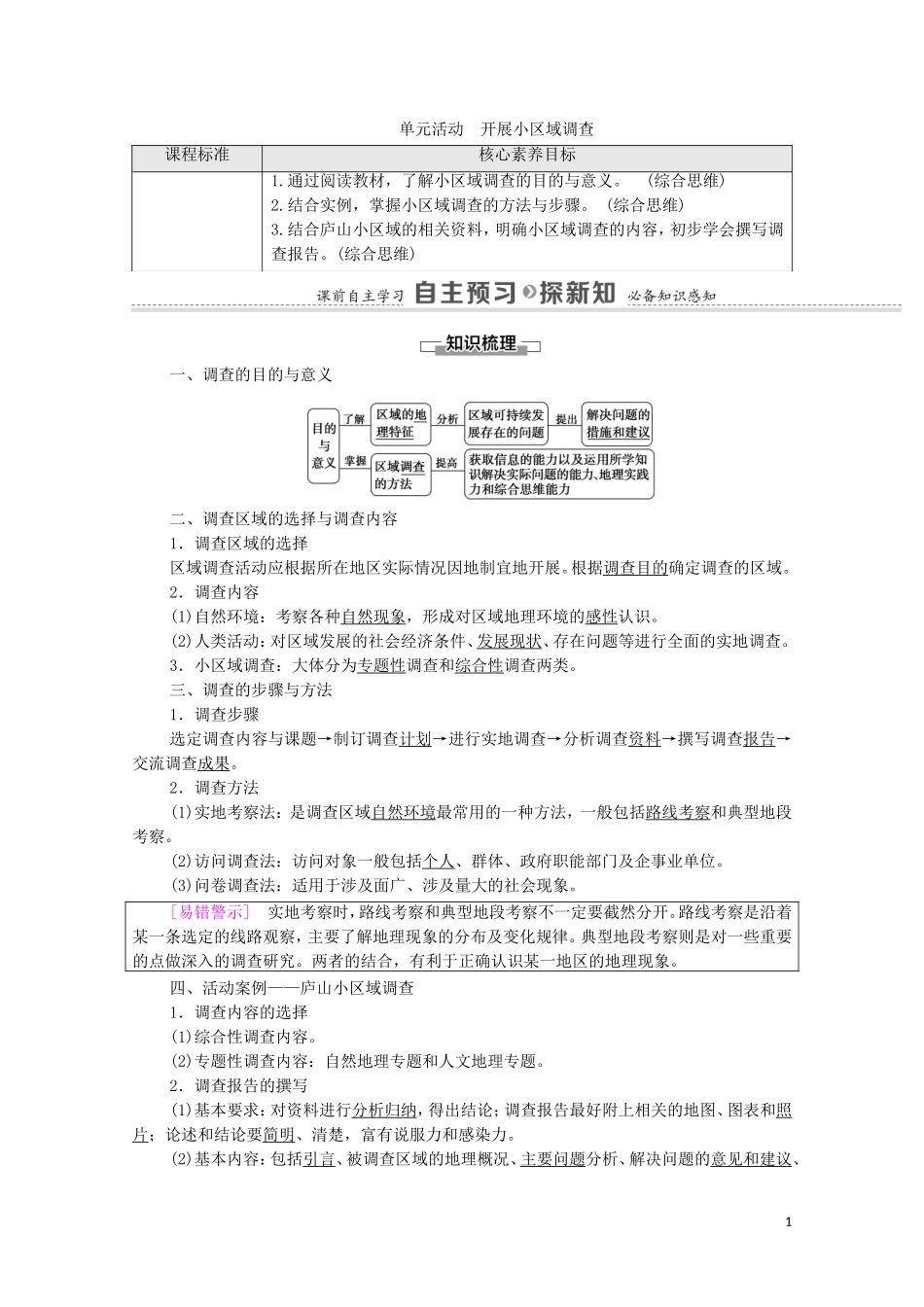 高中地理 第2单元 不同类型区域的发展 单元活动 开展小区域调查教案 鲁教版选择性必修2-鲁教版高中选择性必修2地理教案_第1页