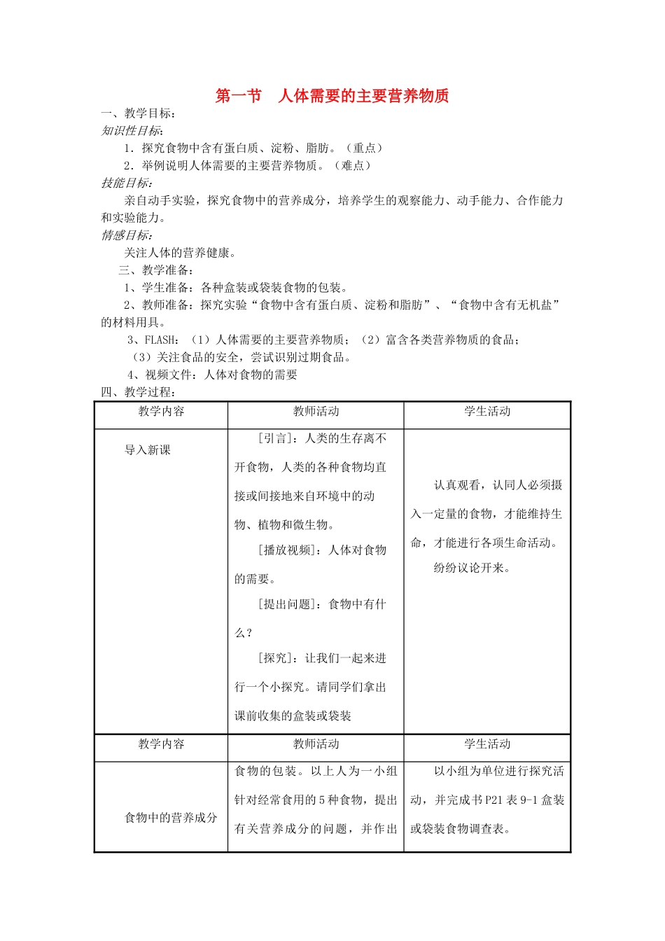 七年级生物下册 第4单元 生物圈中的人 第一节 人体需要的主要营养物质名师教案2 苏教版_第1页