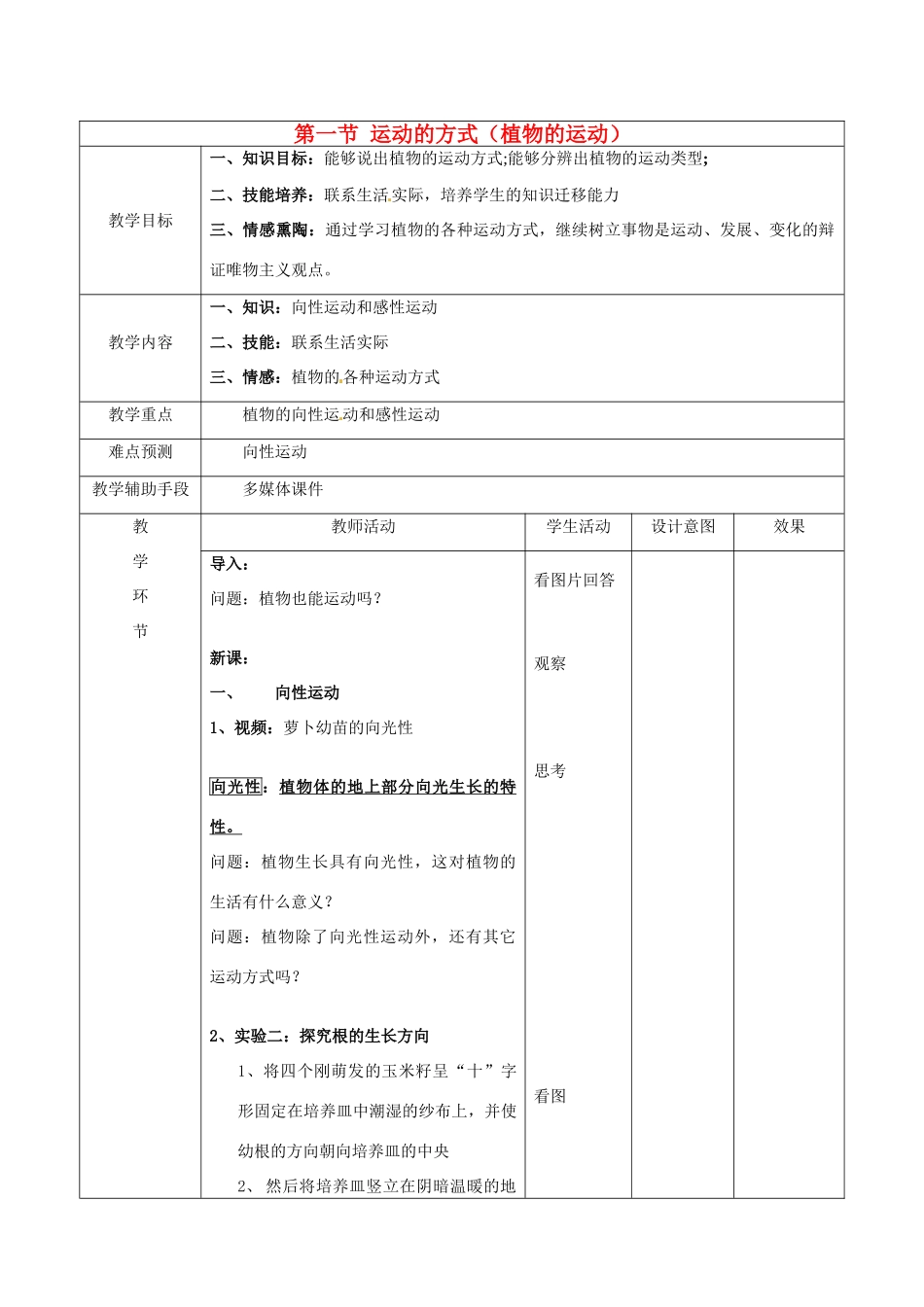 七年级生物下册 第八章 第一节 运动的方式教案 人教新课标版_第1页