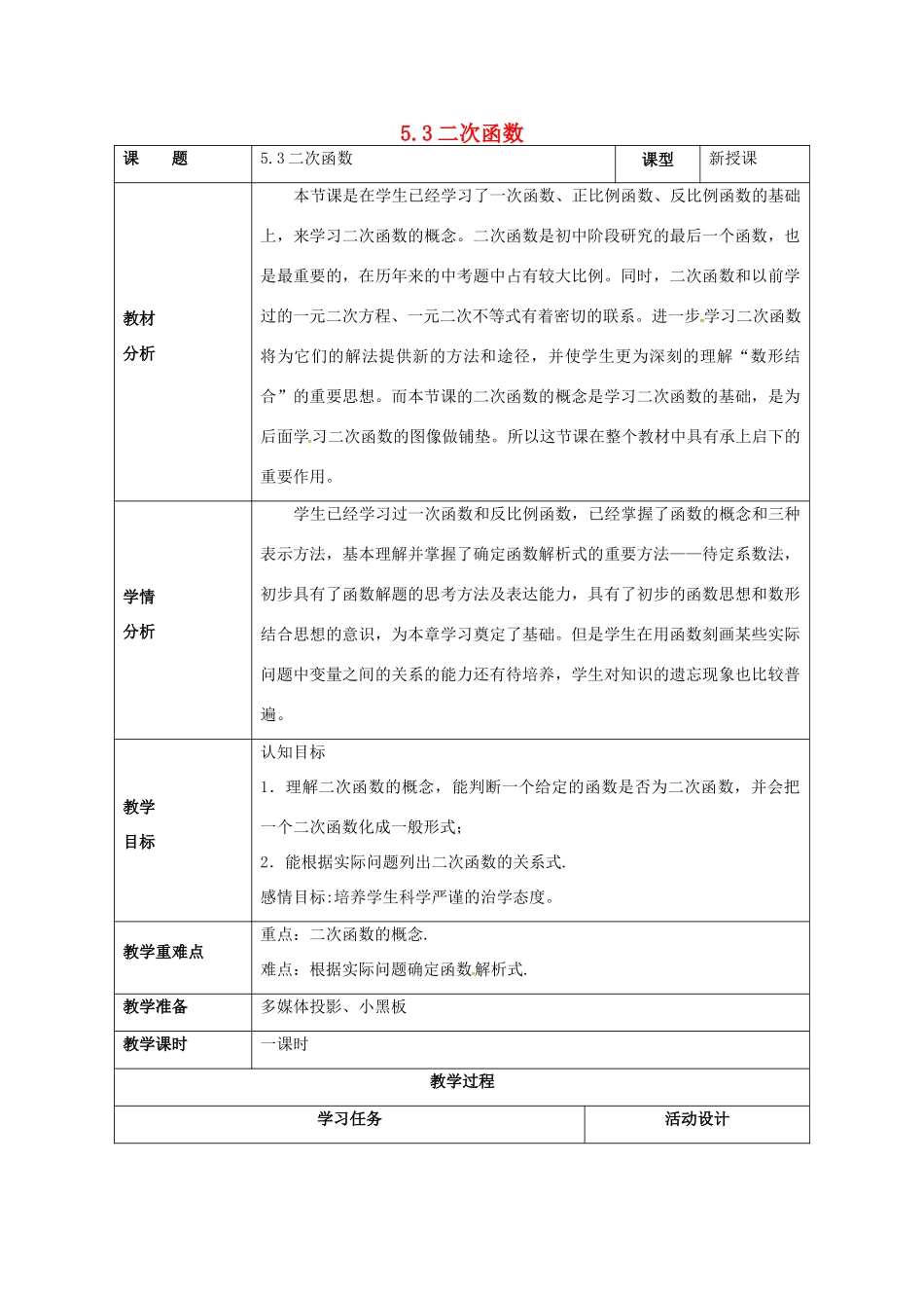 山东省潍坊高新技术产业开发区九年级数学下册 5.3 二次函数教案 （新版）青岛版-（新版）青岛版初中九年级下册数学教案_第1页