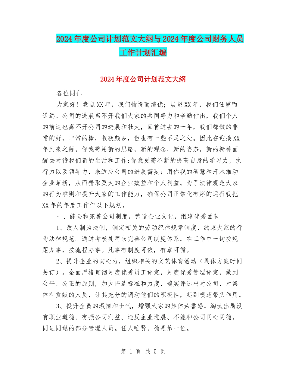 2024年度公司计划范文大纲与2024年度公司财务人员工作计划汇编_第1页