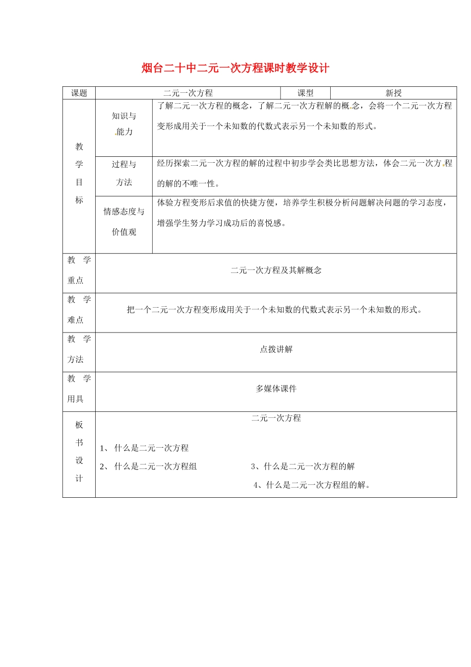山东省烟台20中七年级数学 《二元一次方程》教案_第1页